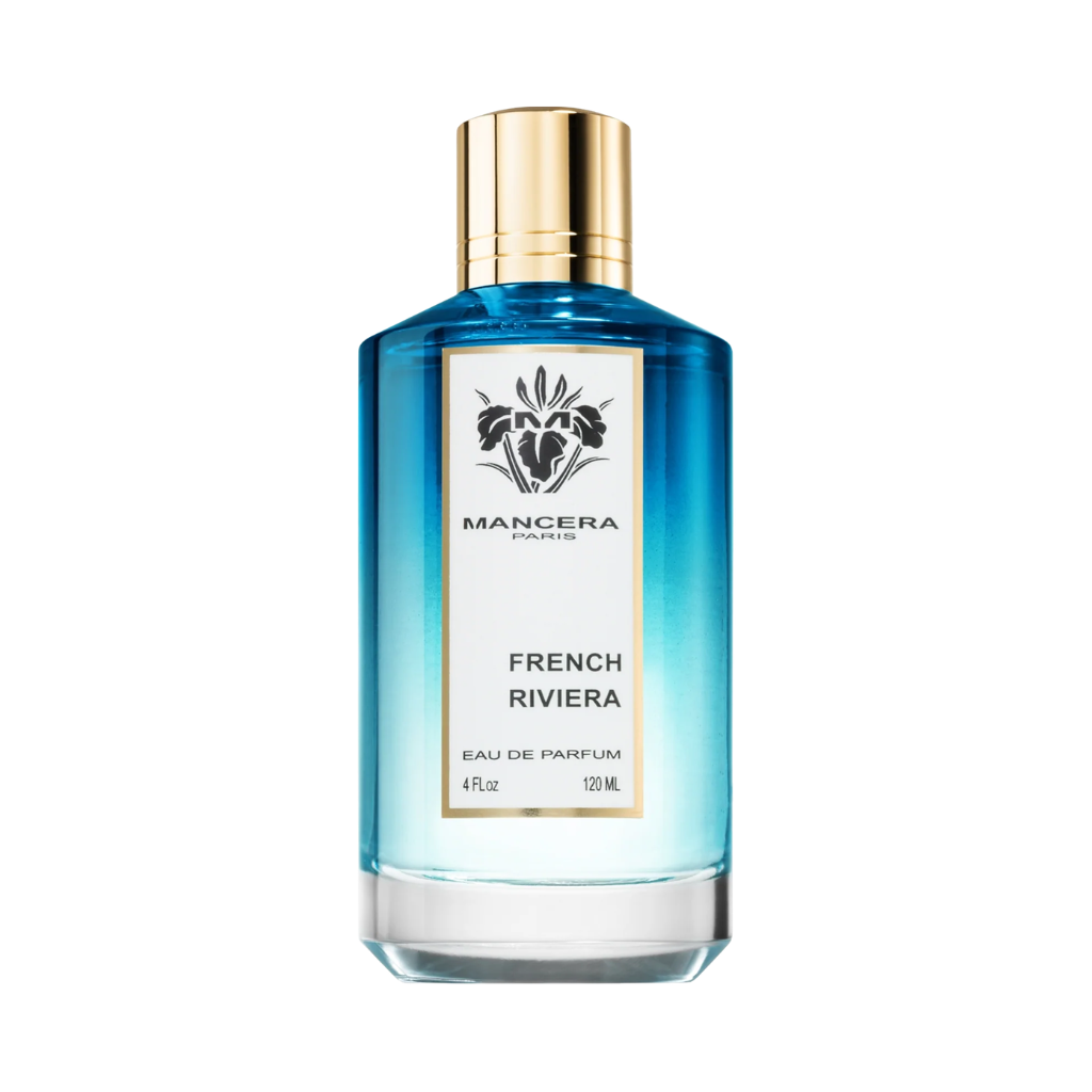 Flacon de parfum Mancera French Riviera, vue de face sur fond uni