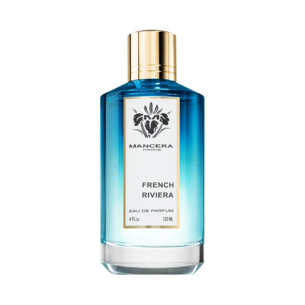 Flacon de parfum Mancera French Riviera, vue de face sur fond uni